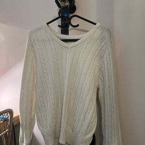 White V-Neck Cable Knit Sweater with Relaxed Fit